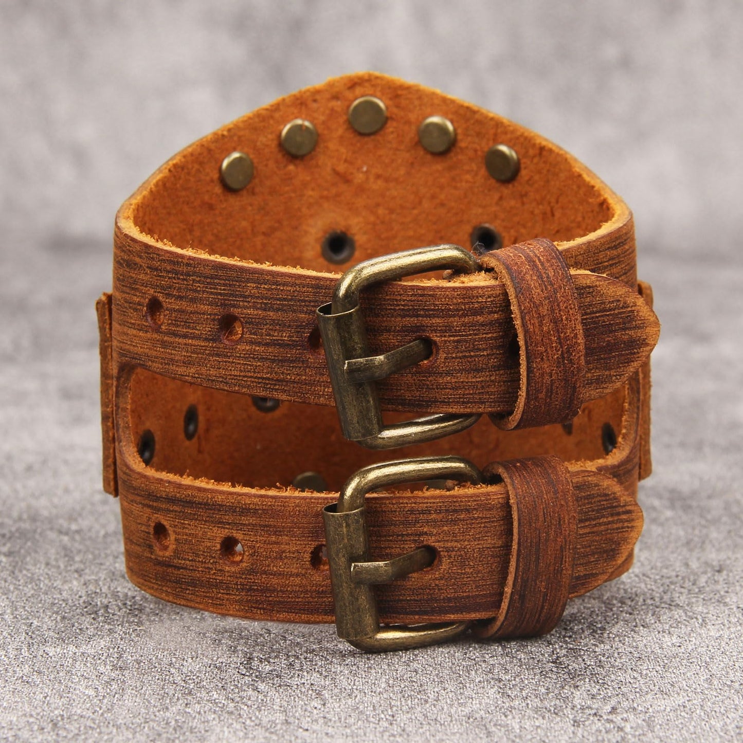 GelConnie Brown Leather Cuff Bracelet for Men Steampunk Gear Studded Wristband Punk Vintage Bracelet Adjustable Jewelry Gift