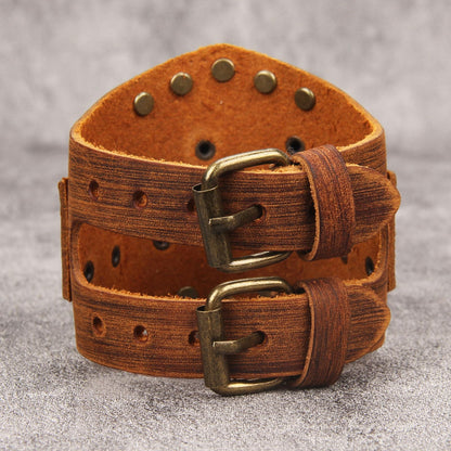 GelConnie Brown Leather Cuff Bracelet for Men Steampunk Gear Studded Wristband Punk Vintage Bracelet Adjustable Jewelry Gift