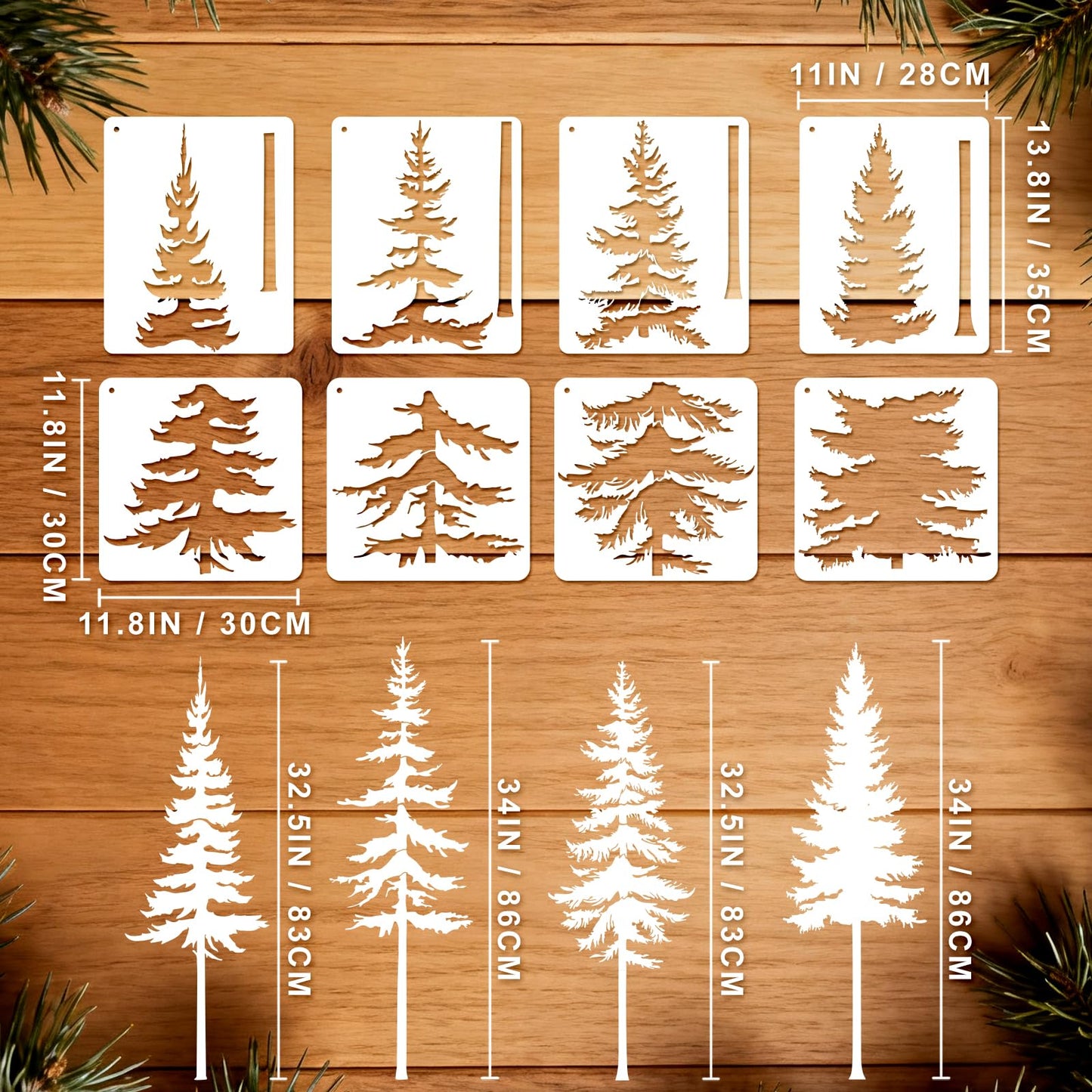 EVERJOYCRAFT 8pcs Large Pine Tree Stencils 4 Styles Reusable Tree Wall Stencils 32.5'' - 34'' Tall Forest Mural Drawing Templates for Wall DIY Art Crafts Painting Garden Wood Fence Tile