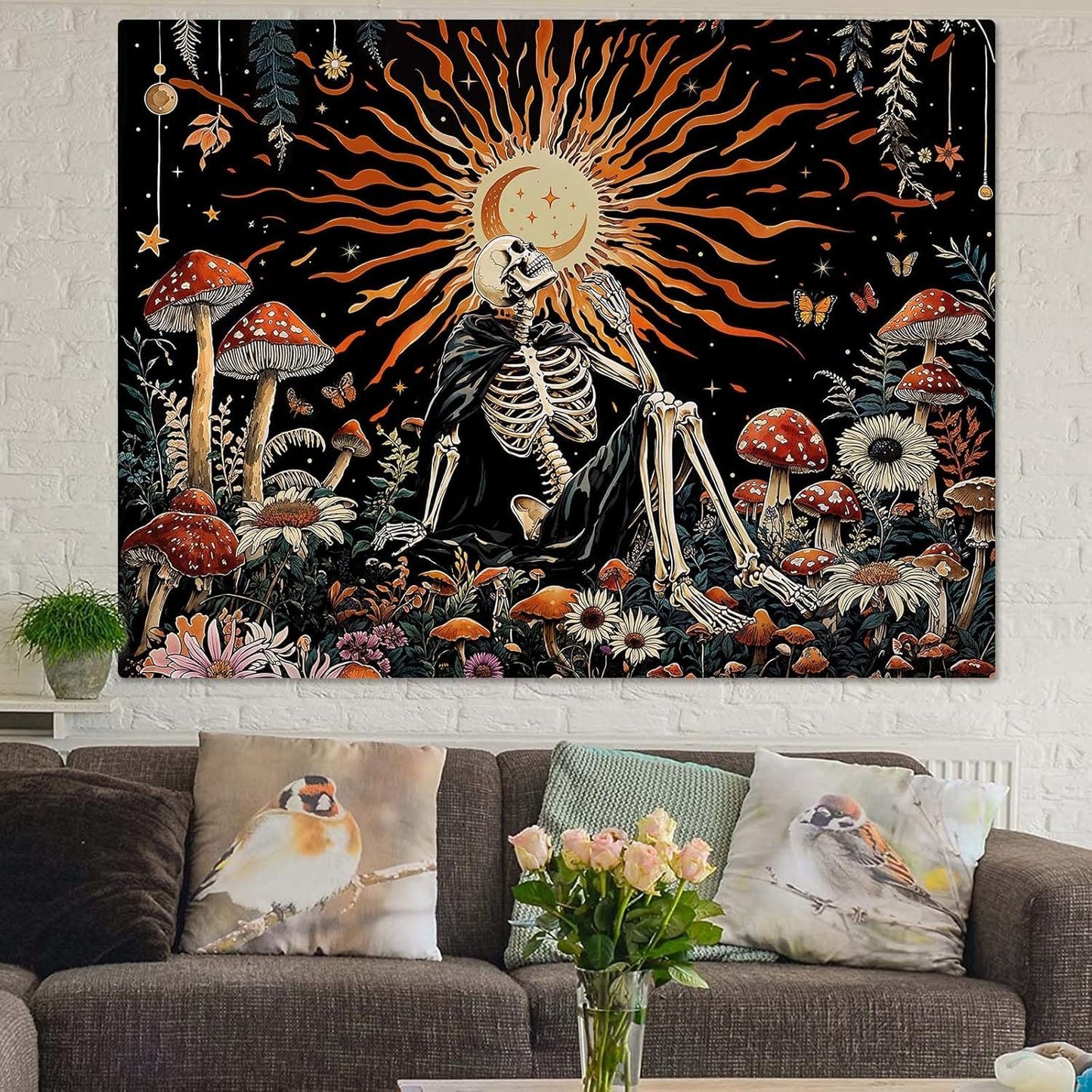 Kanuyee Fantast Meditating Skeleton Tapestry Mushroom Wall Art Tapestries Gothic Boho Room Decor Aesthetic Wall Hanging for Bedroom Dorm Living Room Fantasy Art 48x36 Inch