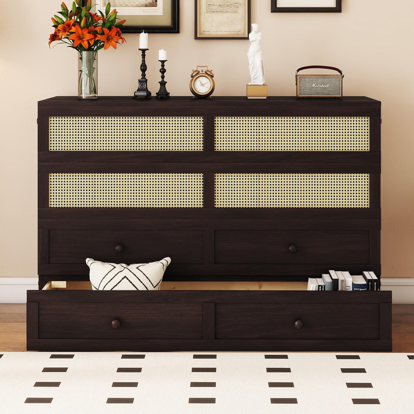 Ball & Cast Hideaway Cabinet Bed Queen Size,Wood Rattan Murphy Bedframe with Storage Drawer,Wall Platform can be Folded up,Space-Efficient Design,for Apartment,Bedroom,Espresso