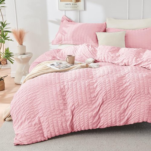 HYMOKEGE California King Comforter Set - Luxurious 7-Piece Seersucker Bedding in Pink/Ivory