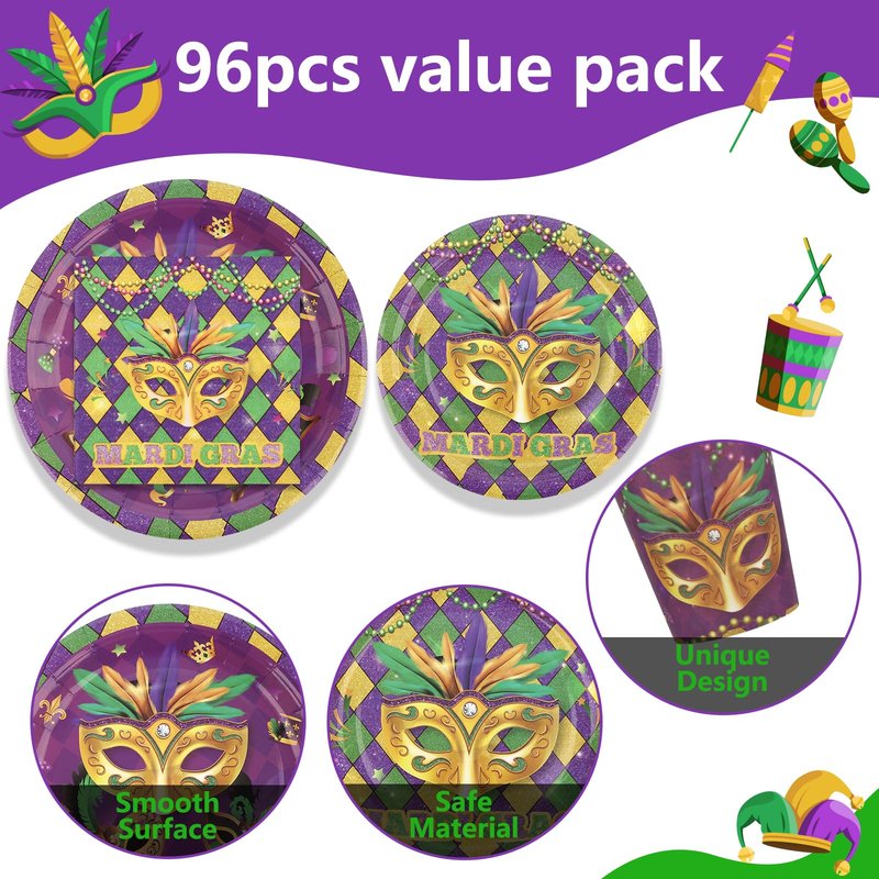 Arosche Mardi Gras Decorations Party Supplies Set for 24-Disposable Paper Plates and Napkins, Cups, New Orleans Masquerade Beads Holiday Tableware Party Decorations for Fat Tuesday Party Table Decor