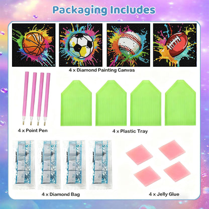 bleihum 4 Pack Diamond Art Painting Kits for Kids, Sports Small Diamond Art for Kids Ages 8-12, Cute Football Gem Art Kits for Kid Gift Home Wall Decor 6X6 inch