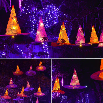 WATERGLIDE 2Pack Halloween Decorations, 8Pcs Each Lighted Hanging Witch Hats, Remote Control with 8 Modes Light Up 14 FT Halloween String Lights, for Indoor Outdoor Yard, Lawn, Graveyard Scenes Party
