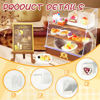 92 Pcs Miniature Bakery Case Cake Stand Cabinet with Mini Foods Set Miniature Food Cake Bread Dessert Milk Donuts for 1:12 Scale Mini Bakery Bread Shop Scene Models Mini House Kitchen Accessory