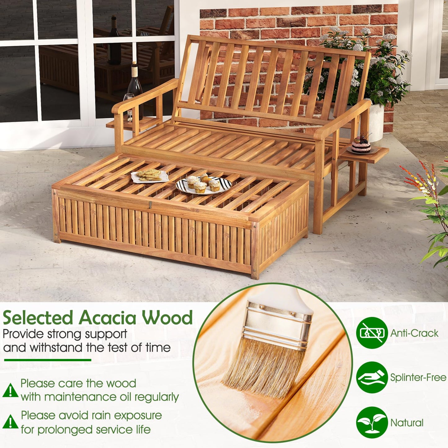 LDAILY Moccha Acacia Wood Outdoor Daybed - Wooden Loveseat Sofa with 4-Level Backrest, Storage Ottoman, Cushions, Outside Sunbed, Double Bed Lounger for Backyard Porch Pool Patio Furniture Set
