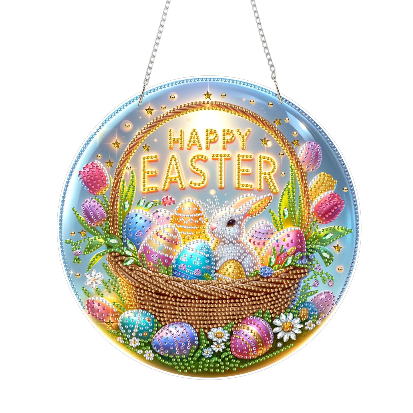 Aeepics Easter Diamond Art Hanging Kits for Adult, DIY Round Diamonds Painting Pendant Ornament Kit, Acrylic Diamond Art Board Painting (Happy Easter)