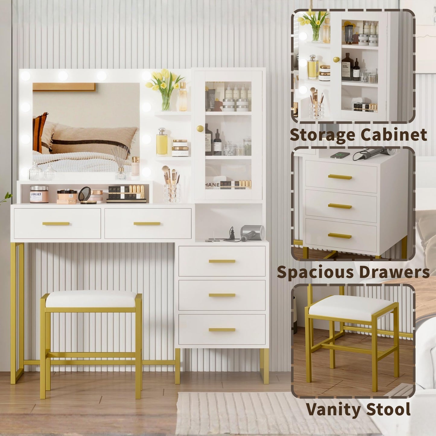 IDEALHOUSE Vanity Desk with Mirror and Lights, 43" Makeup Vanity Set with Stool, LED Lighted Mirror with 10 Bulbs, Drawers, Shelves & Charging Station, Dressing Table with Chair for Bedroom, White