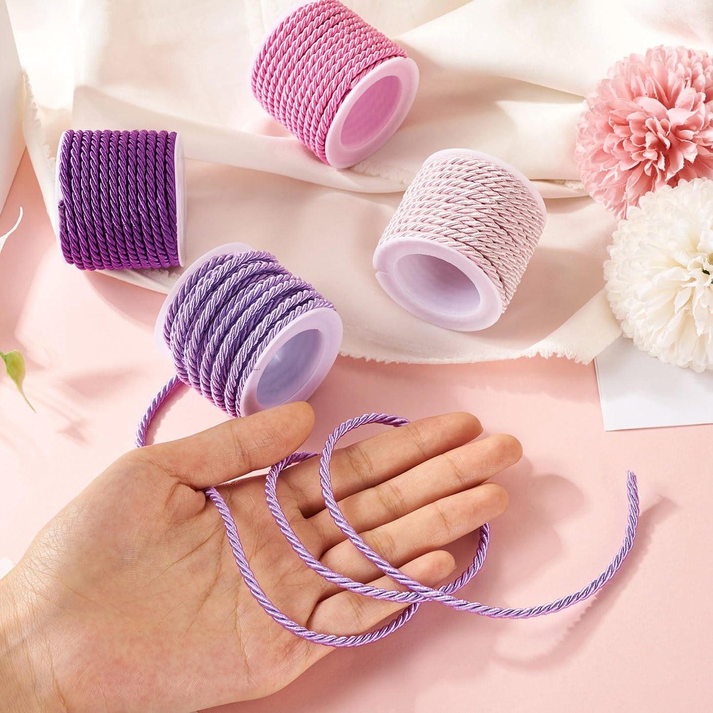 Pandahall 4 Rolls 3mm Polyester Twine Cords Purple Braided Twisted Ropes Decorative Braided Cording Thread String Pink Twisted Silk Rope Cords for Home Decor Curtain Sewing Gift Wrapping