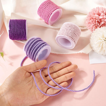 Pandahall 4 Rolls 3mm Polyester Twine Cords Purple Braided Twisted Ropes Decorative Braided Cording Thread String Pink Twisted Silk Rope Cords for Home Decor Curtain Sewing Gift Wrapping