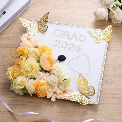 Ywdbzjhs 51 PCS DIY Graduation Grad Cap Decoration Kit - 12 Cream Construction Paper with Artificial Flower Heads 3D Butterfly Pearl Adhesive Dots Rhinestone Stickers for DIY Grad Hat Topper(White)