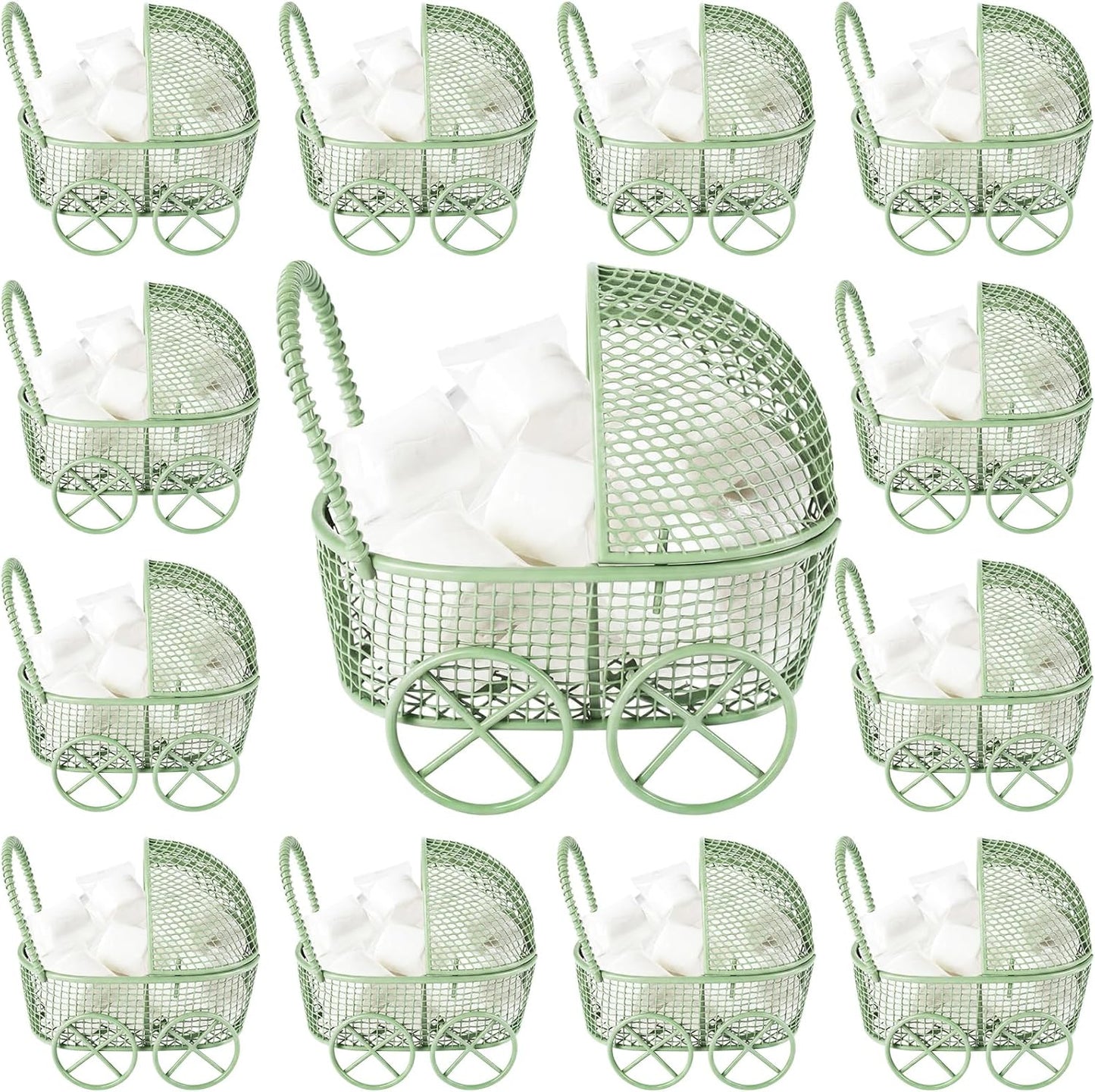 Threehoney 12 Pcs Baby Shower Mini Carriage Decoration Greenery Color Metal Wired Fillable Candy Stroller Baby Shower