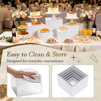 nplehome 6 Pcs Buffet Risers, White Acrylic Large Food Risers for Buffet Table with Mini Table Sign, Display Stand Shelf for Party, Catering Cube Nesting Boxes (9" 8" 7" 6" 5" 4" )