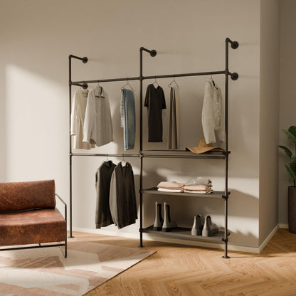 pamo Industrial Pipe Clothing Rack with Shelf - 790 lbs Capacity - Wall Mounted Clothes Rack and Walk In Closet with Metal Shelf for Wardrobe