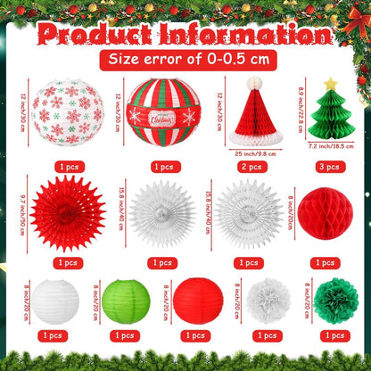 Gilprop 17 Pcs Christmas Party Hanging Decorations Xmas Paper Lanterns Paper Winter Hanging Fans Christmas Honeycombs Paper Flower Balls for Xmas Holiday Party Yard Indoor Outdoor Home Decor Supplies