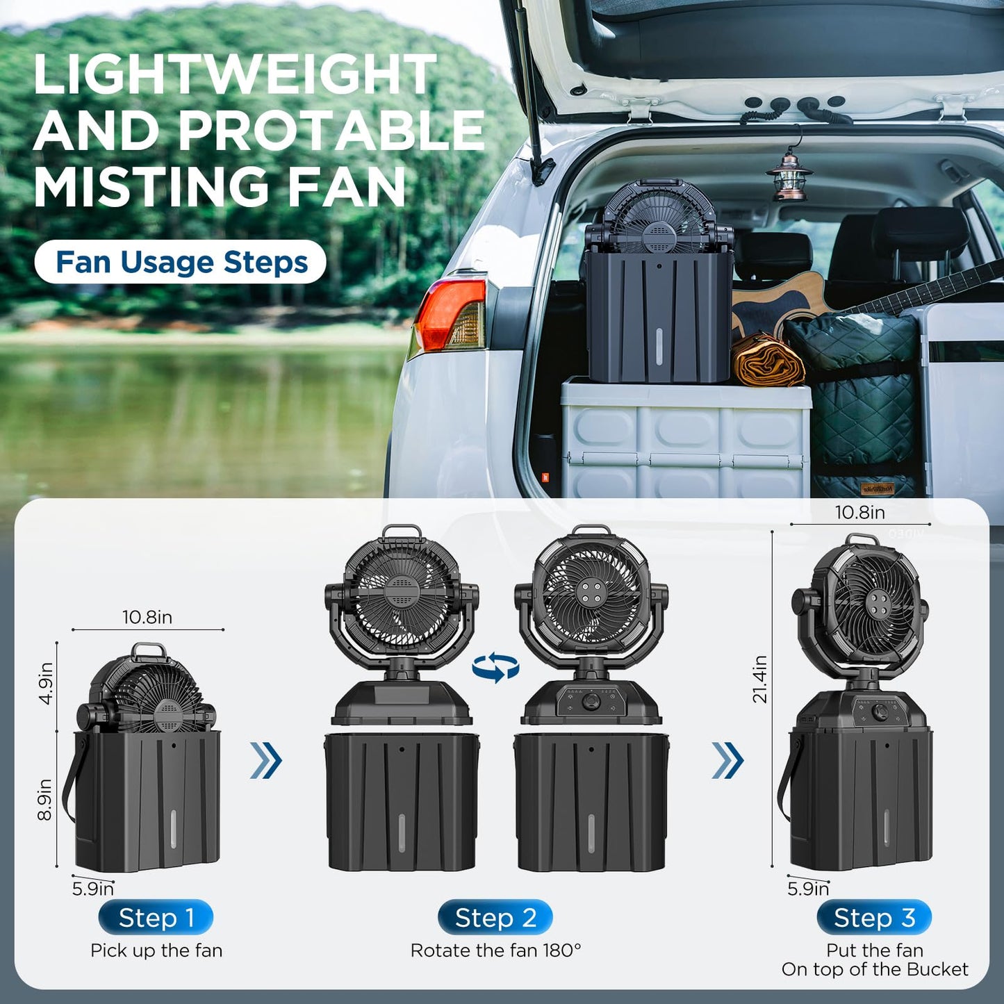 NYXQUARK Portable Misting Fan with 25000mAh Reverse Charging & Remote Control, Auto-Oscillating LED Outdoor Cooling Fan, Stepless Speed, Waterproof Design for Camping, Patio, Pets, Garden Use (Black)