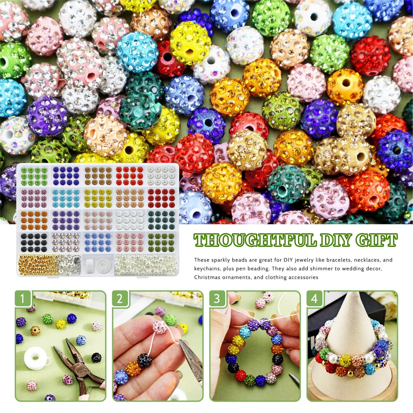 YETOOME 10mm Rhinestone Beads Set, 20 Colors Round Sparkle Crystal Clay Bead Kit with Charms, Sparkly Disco Ball Beads for Bracelets Necklaces Earrings Keychains DIY Crafting, 408 Pieces