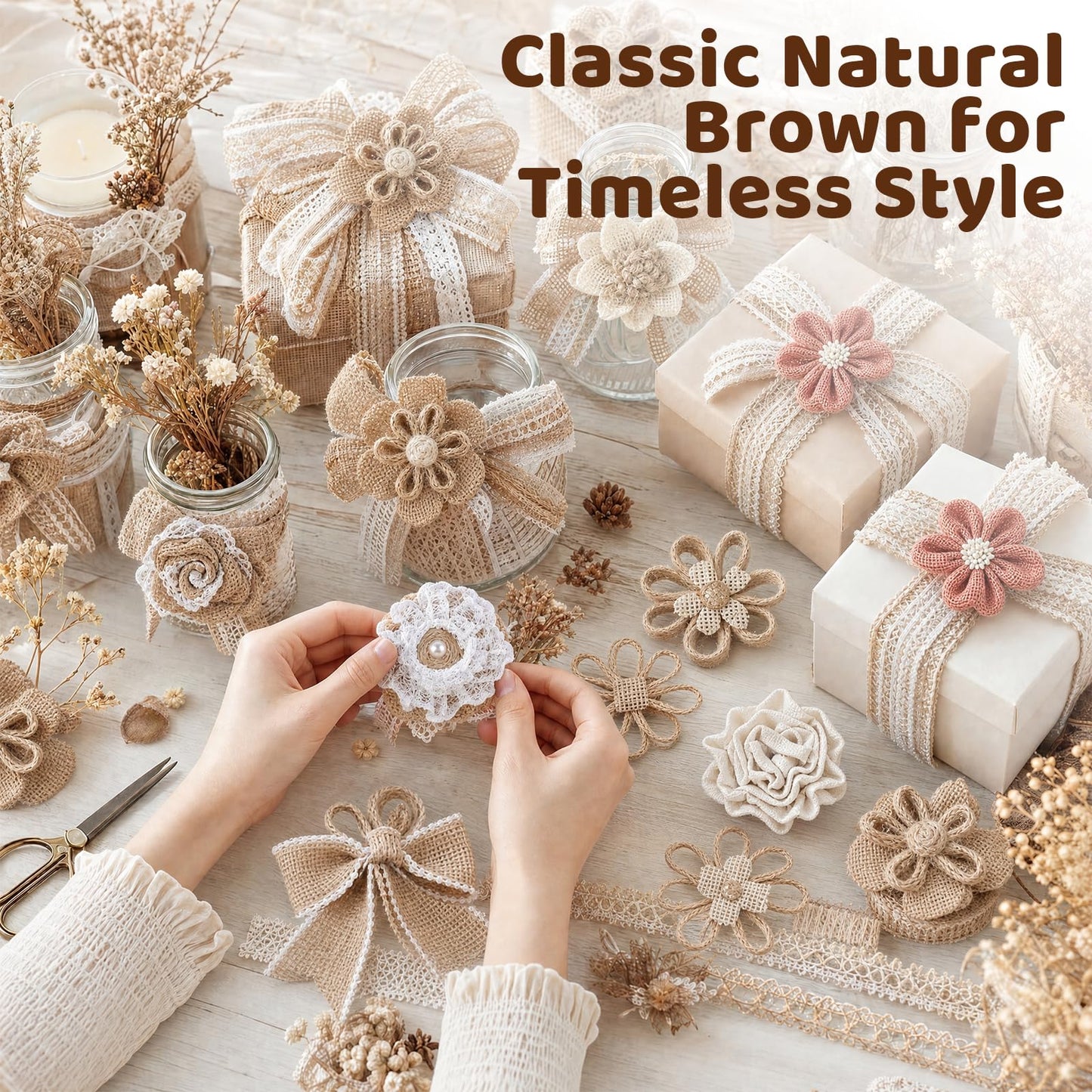 VGOODALL 16 PCS Natural Burlap Flowers Set, Including 12 PCS Handmade Lace Flowers and Bowknots, 4 Rolls Burlap Ribbon for Christmas Birthday Party Wedding Home Embellishment DIY Crafts
