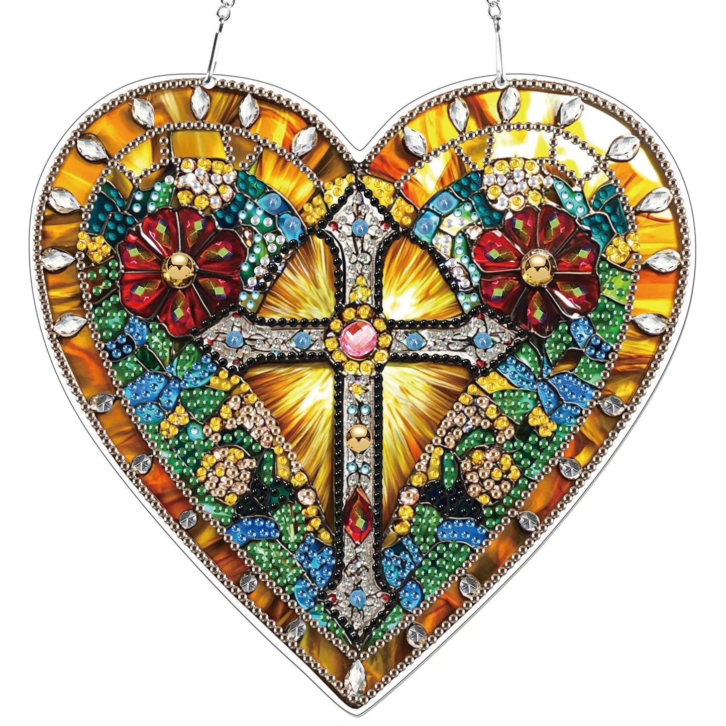 KEYIFA Diamond Painting Hanging Heart Shape Cross 3D Diamond Art Kits, Special Shaped Rhinestone Diamond Dots Kit for Adults Beginner, DIY Art Craft for Window Wall Door Decor, Double Sided