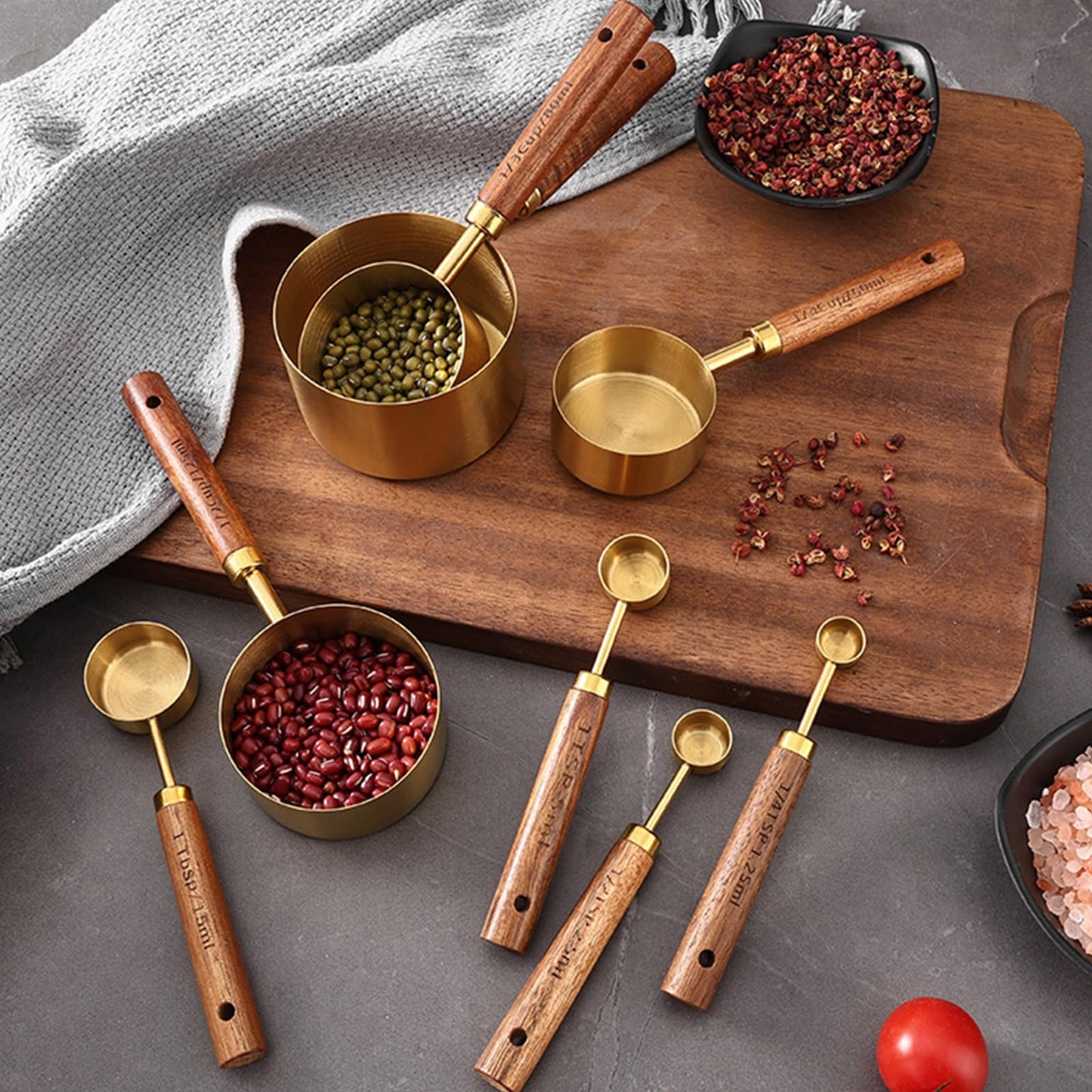 8Pcs Measuring Cups and Spoons Set - Golden Stainless Steel Measuring Cups with Wooden Handle, Metal Measuring Spoons Set Nesting Kitchen Measure Set for Kitchen/Food/Baking (8Pcs Wooden Handle)