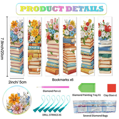 beinkmake 6pcs Diamond Painting Bookmark Set Stack of Books and Flowers Acrylic Bookmarks with Tassels DIY Art Gift for Book Lovers 7.87x1.97 Inches