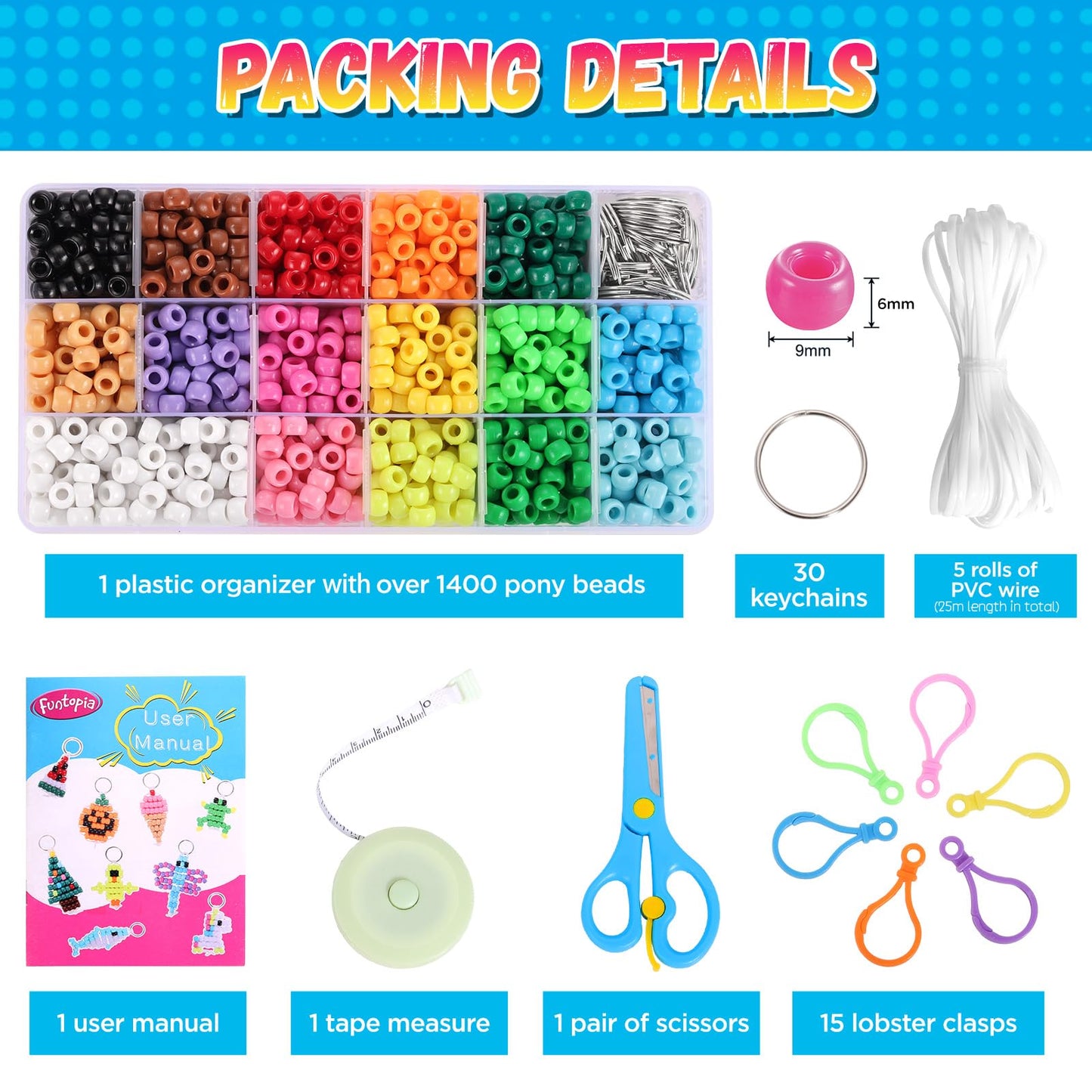 Funtopia Beads for Crafts, Pony Beads Keychain Making Kit, Bead Pets Art Crafts for Kids Beginners, Birthday Party DIY Craft for Girls Boys (1500 Bead, 30 Designs)