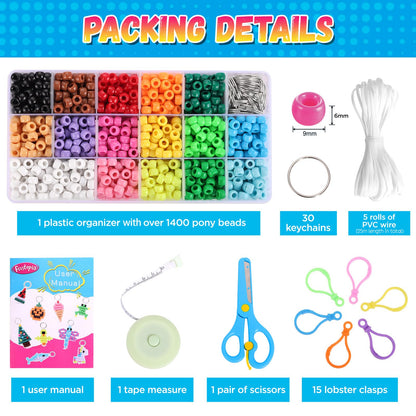 Funtopia Beads for Crafts, Pony Beads Keychain Making Kit, Bead Pets Art Crafts for Kids Beginners, Birthday Party DIY Craft for Girls Boys (1500 Bead, 30 Designs)