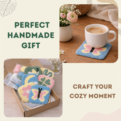 Kukovaya Punch Needle Kit for Beginners & Adults; Complete DIY Embroidery 6-Coaster Kit with Printed Fabric, Yarn, Needle, Hoop & Guide Easy Craft Kit for Home Decor, Gifts & Stress Relief