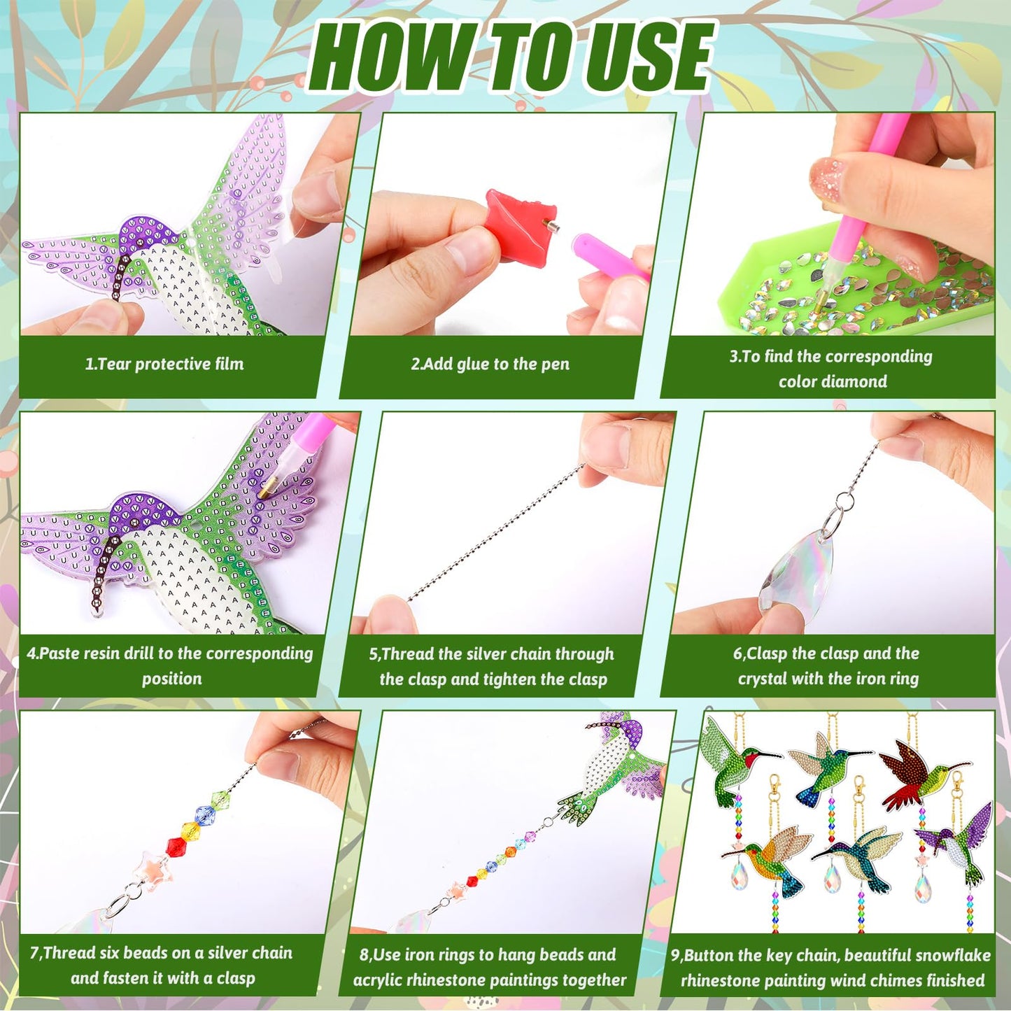 Tradder 6 Pcs Diamond Art Painting Hummingbird Wind Chimes Birds Art Kits for Adults 2026 Vacation Bible School Jungle Birds Craft Summer Suncatchers 5d DIY with Pendant for Home Window Decor Garden