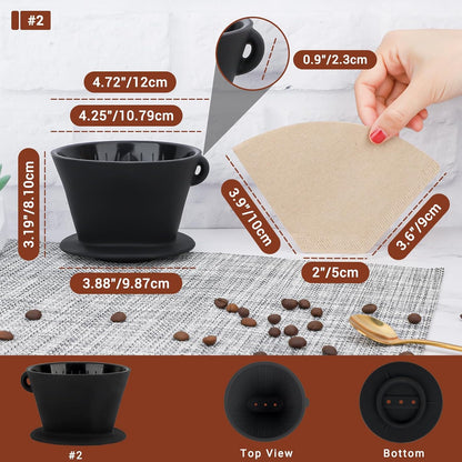 Segarty Pour Over Coffee Maker, Single Cup Black Silicone Dripper Set with 200PCS Cone Filters for Home Travel