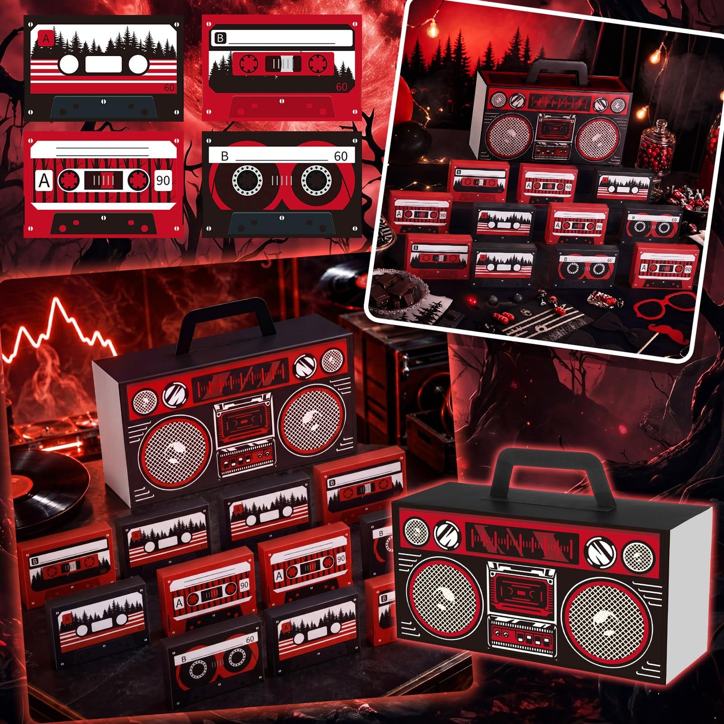 Gueevin 12 Pack Strange Birthday Party Supplies Cassette Tape Paper Gift Boxes for Candy Gift Packaging Strange Themed Birthday Party Decorations 80s 90s Retro Cartoon Treat Boxes