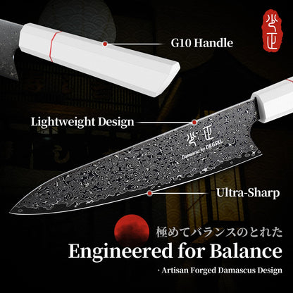 DRGSKL Damascus Chef Knife 8 Inch - VG10 Kitchen Knife for Meat Cutting - Japanese G10 Handle - Sharp Cooking Knives for Vegetables and Fruit - with Gift Box