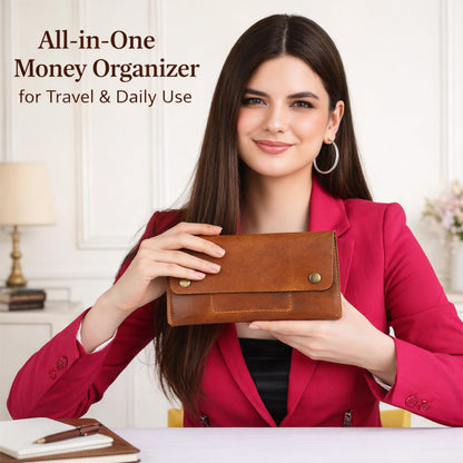 TheAntiq Leather Currency Pouch, Currency Organiser, Dollar Bills Holder, Bills Organizer, Money Envelope with Mobile Pocket, Money Bag For Men & Women (TAN)