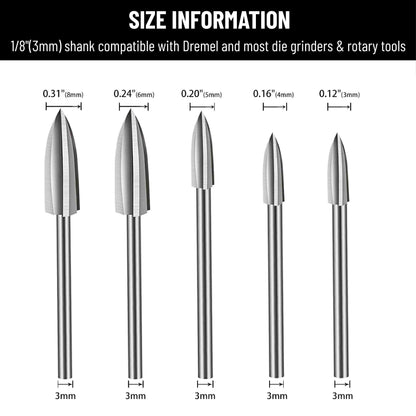 Wood Carving Tools, 5 PCS HSS Engraving Drill Bit Set Wood Crafts Grinding Woodworking Tool 1/8” Shank Universal Fitment for Rotary Tools