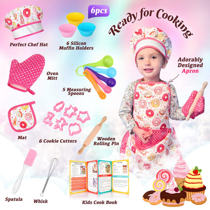 GIFTINBOX Kids Cooking and Baking Chef Set, 25PCS with Kids Apron,Chef Hat & Utensils Kids Cooking Set, Toddler Dress Up and Pretend Play Kitchen Toys, Birthday Toys for 3 4 5 6 7 8 Year Old Girls