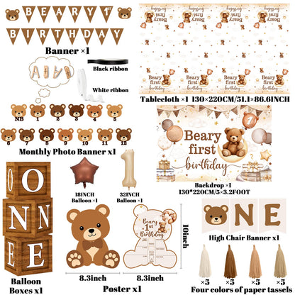 Beary First Birthday Decorations,147pcs Bear Birthday Decorations Brown Bear Birth Day Banner Backdrop High Chair Banner Tablecloth Cake Topper Box Balloon Garland for My 1st birthday Decorations