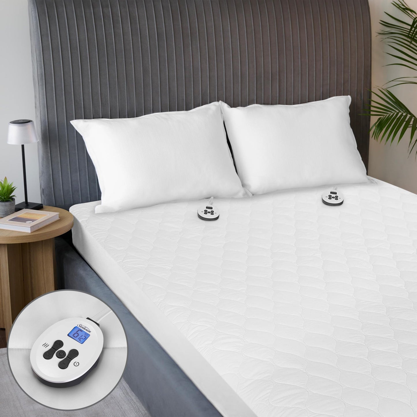 Sunbeam Electric Heated Mattress Pad Queen 80" x 60" 12 Heat Settings 12-Hour Auto Shut-Off Fast Heating Soft Cozy Fabric Deep Pocket Skirt Machine Washable
