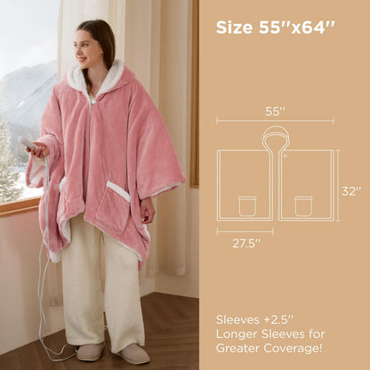 Bedsure Heated Blanket Wearable Shawl - Electric Wrap Poncho Blanket Hoodie for Adult, Birthday Gifts for Mom Women, Sherpa Heating Throw with 4 Time Settings & 6 Heat Settings, 55x64 inches, Grey
