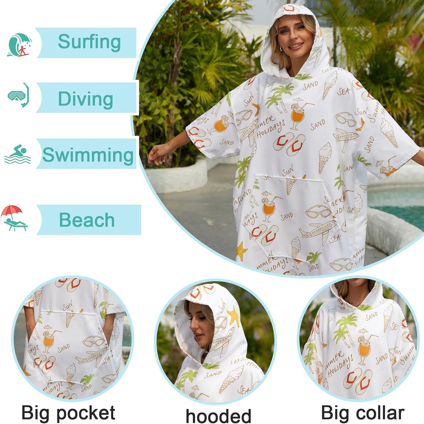 Swimmer Surf Poncho Hooded Towel for Adults Quick Dry Beach Changing Robe with Pockets, Unisex Swim Cover-Up, Ice Cream