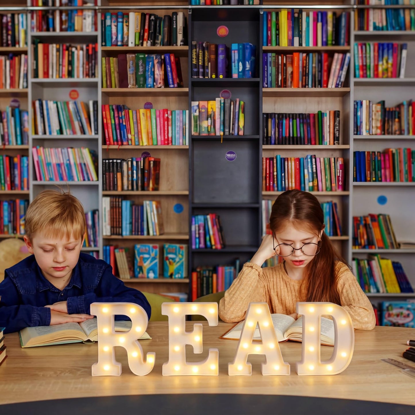 Wettal 4 Pcs Read LED Letter Lights Classroom Reading Corner Decor Read Light up Signs Marquee Light Letters Library Signs Preschool Elementary Reading Classroom Decorations for Wall Shelf Table