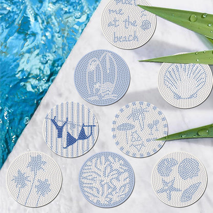 Beach Diamond Art Coasters Kit, 8 Pcs Beach Diamond Painting Coasters with Holder, 5D Gem Art Kit Easy Crafts, Non Slip Coaster for Home Decor Gift