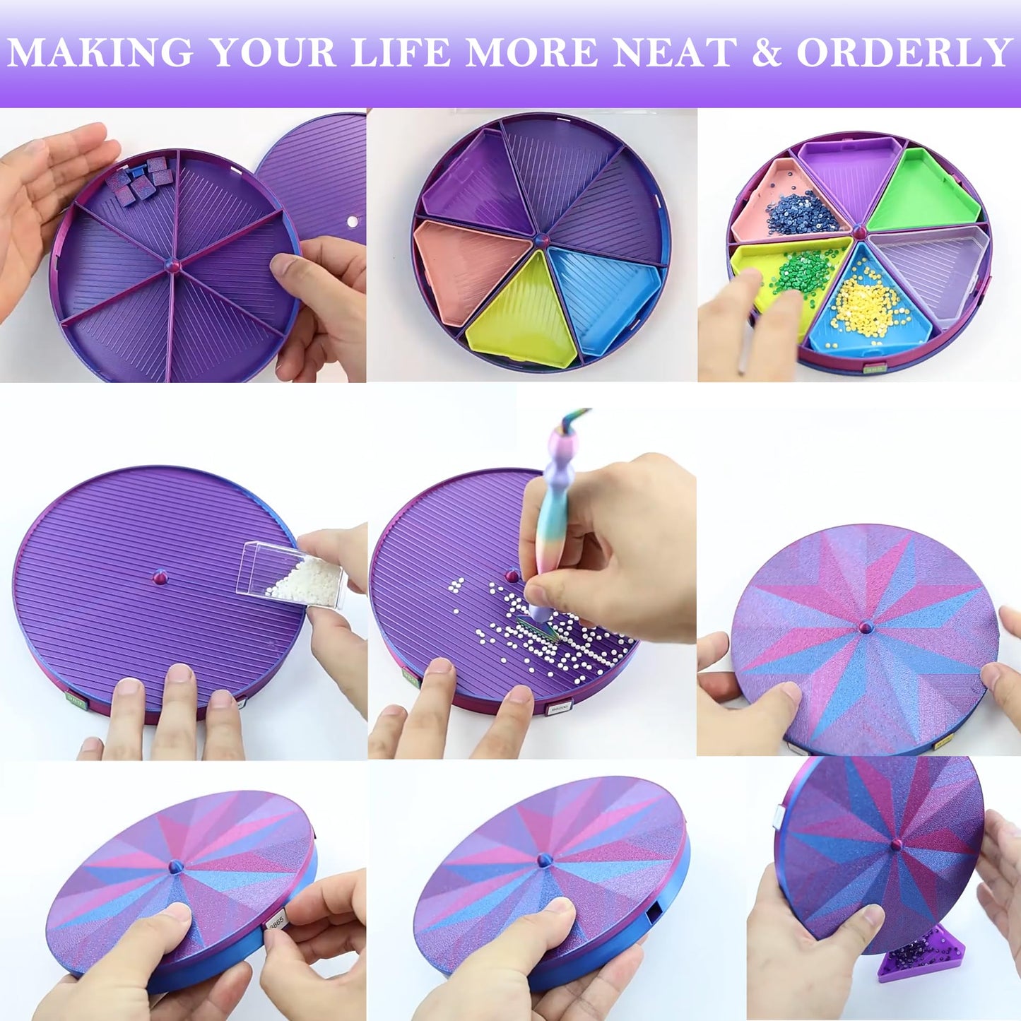 Diamond Painting Tray with Lid, 360° Rotation Diamond Art Storage Trays Kits for Adults, Bead Sorting Trays, Rhinestone Tray Organizer Accessories and Tools for 5D Diamonds DIY Crafts (Blue)
