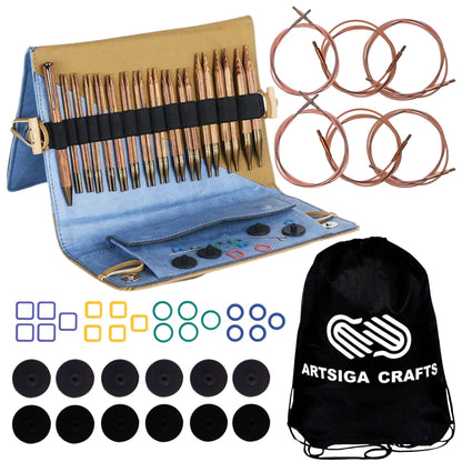 KnitPro Ginger Grande Set 5 inch Circular Knitting Needles Size 3, 4, 5, 6, 7, 8, 9, 10, 10.5, 11, 13, 15, 17 Interchangeable, 6 Cables & More, Fabric Case with Project Bag