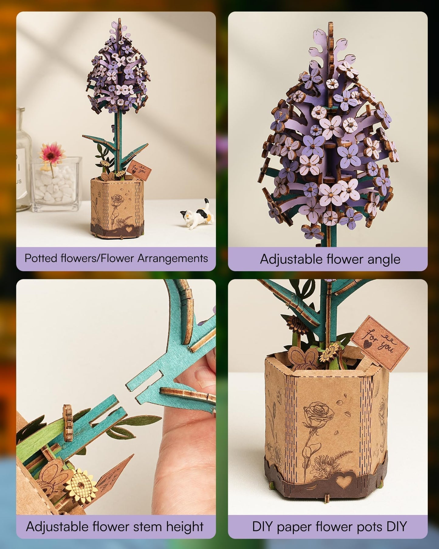 Wowood 3D Flower Wooden Puzzles for Adults-Lilac, DIY Wooden Flowers Model Kit Building Set Crafts Birthday Gifts, Artificial Botanical Collection Creative Gift Ideas/Housewarming Decor(154PCS)