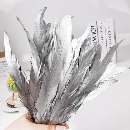 iHUFeather Natural Rooster Tail Feathers 50pcs 10-12inch Long Rooster Coque Tail Feathers Bulk for DIY Crafts Costume and Halloween Party Performances Decoration(Silver)