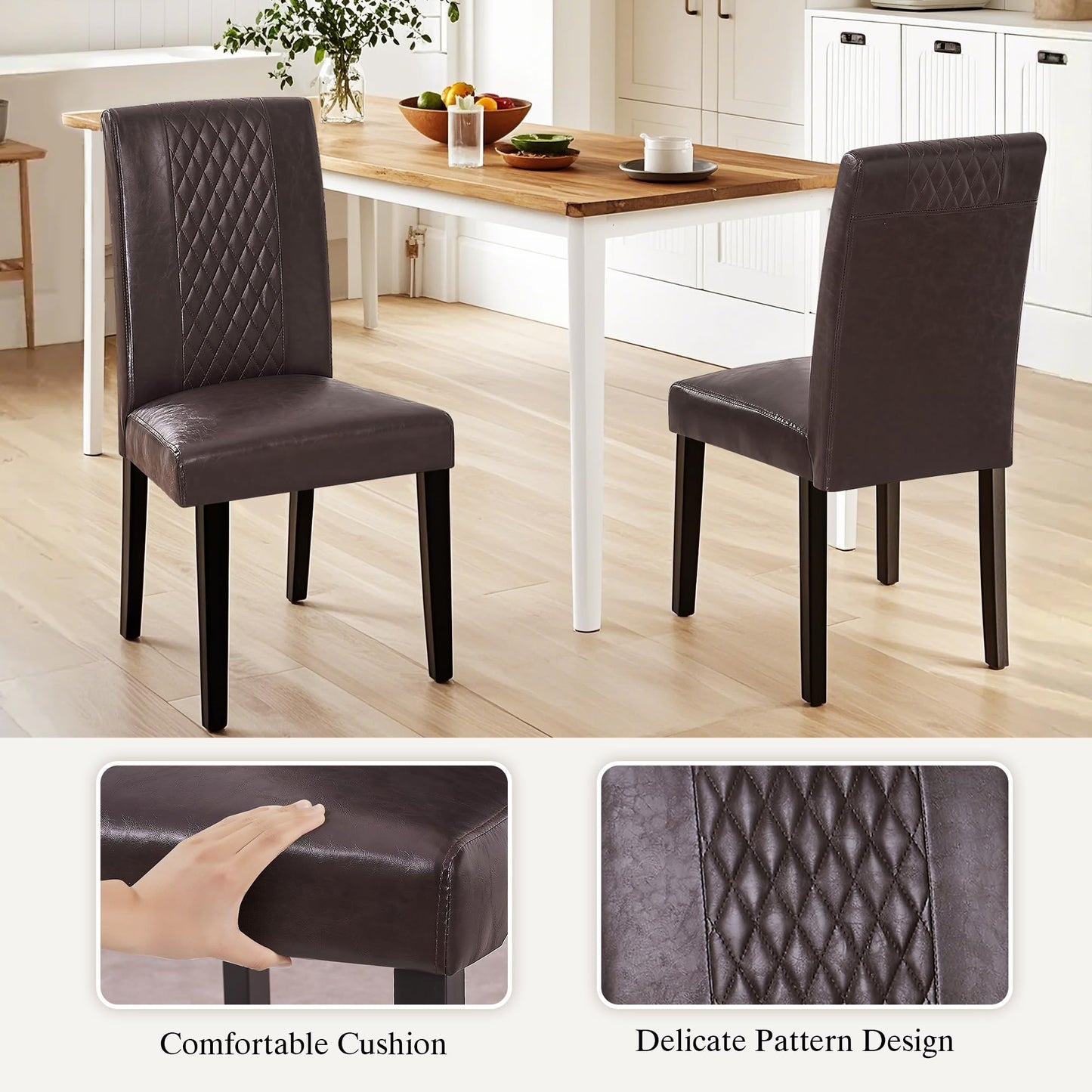VECELO Dining Chairs Set of 6, Upholstered PU Leather Wood Legs High Back for Kitchen Living Room, Coffee