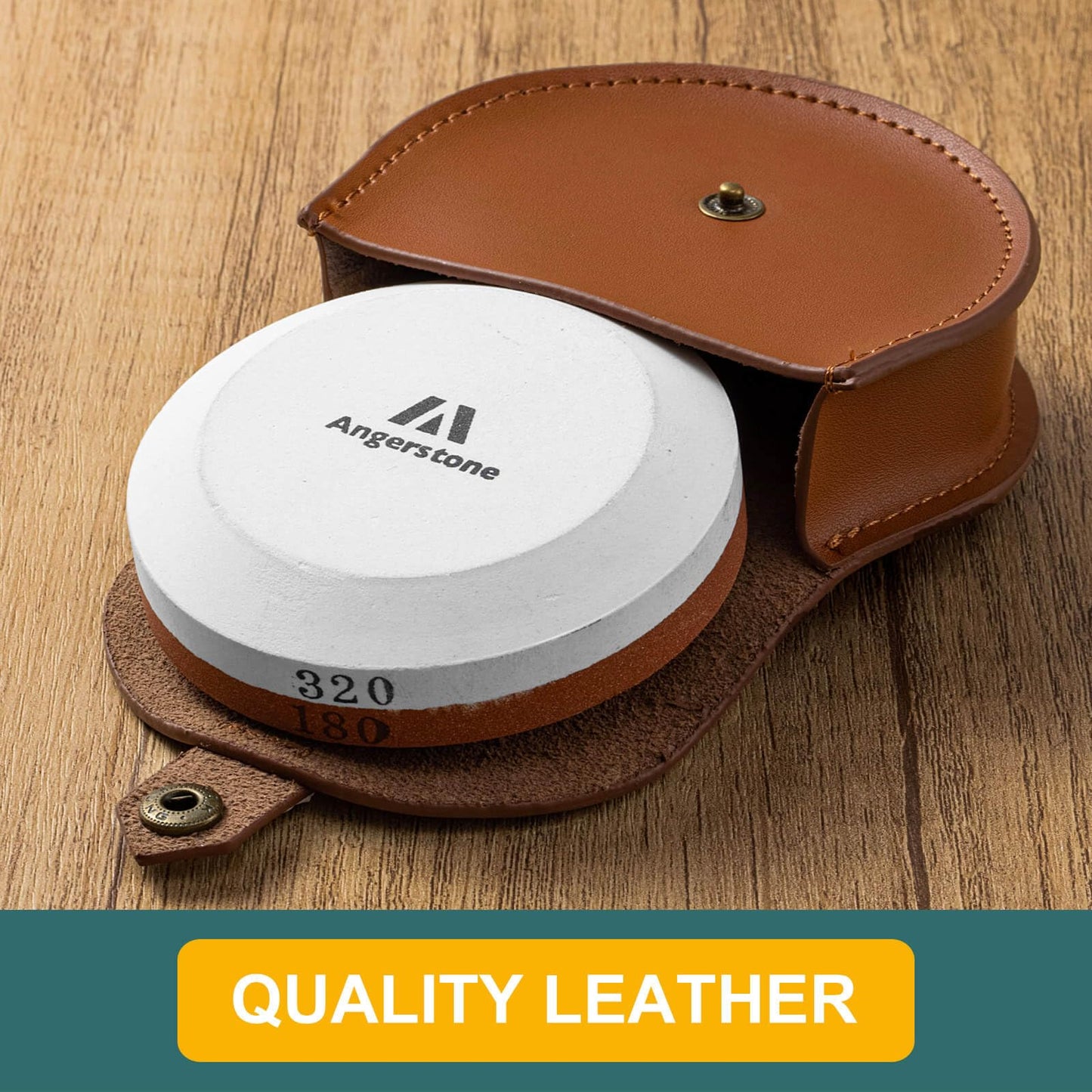 Angerstone Axe Sharpener - Multipurpose Axe/Hatchet Sharpening Stone - Whetstone Blade & Tool Sharpener, Dual Grit 180/320 Sharpening Puck with Leather Sheath