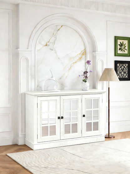 GDFStudio 45" Modern Buffet Sideboard Cabinet, Storage Cabinet with 3 Acrylic Mirrored Doors & Adjustable Shelves, Freestanding Credenza Buffet for Dining Room, Accent Cabinet Coffee Bar, White