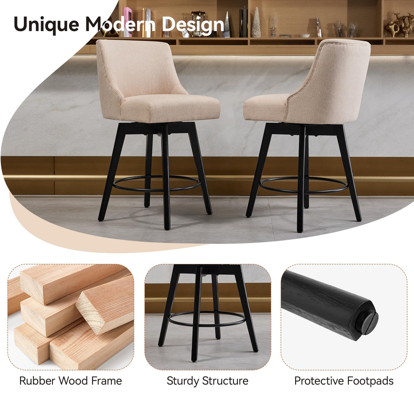 Vipbear Counter Height Bar Stools Set of 2, Modern Linen Fabric Swivel Barstools with Contoured Backs and Solid Wood Legs, 26" Seat Height Upholestered Bar Chairs for Kitchen Island, Flax Beige